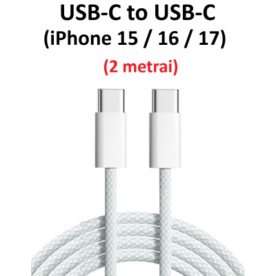 USB-C to USB-C laidas  iPhone 15, 16, 17 (2m)
